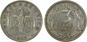 GERMANY: Weimar Republic, AR 3 reichsmark, 1932-F, KM-74, lightly cleaned, better date/mintmark, EF.
Estimate: USD 150 - 200