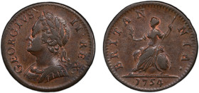 GREAT BRITAIN: George II, 1727-1760, AE farthing, 1754, KM-581.2, S-3722, an attractive nearly mint state example with partial red luster, PCGS graded...
