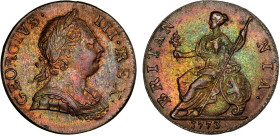 GREAT BRITAIN: George III, 1760-1820, AE halfpenny, 1773, KM-601, S-3774, an attractively toned lustrous example, Unc, ex Joe Sedillot Collection.
Es...