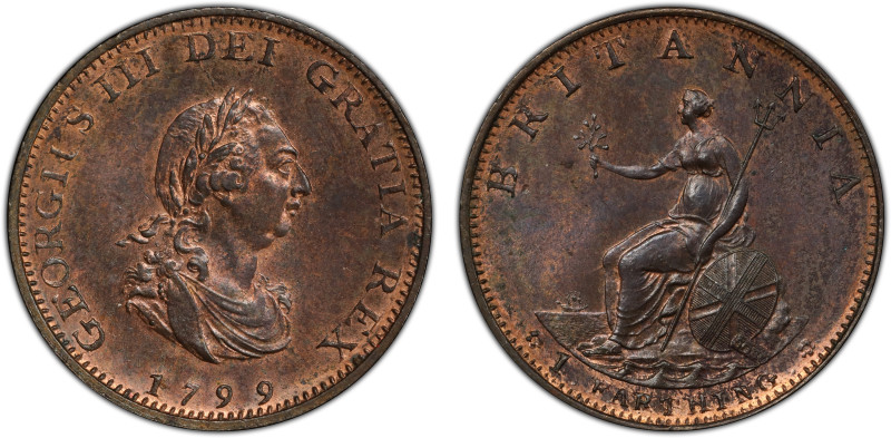 GREAT BRITAIN: George III, 1760-1820, AE farthing, 1799, KM-646, S-3779, a lovel...