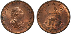 GREAT BRITAIN: George III, 1760-1820, AE halfpenny, 1799, KM-647, S-3778, a lovely lustrous example with much mint red! PCGS graded MS63 RB, ex Joe Se...