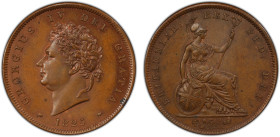 GREAT BRITAIN: George IV, 1820-1830, AE penny, 1825, KM-693, S-3823, a wonderful partially red lustrous example! PCGS graded MS64 BN, ex Joe Sedillot ...