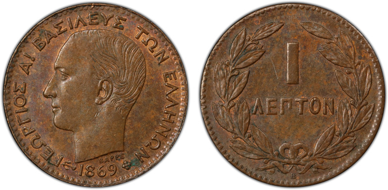 GREECE: George I, 1863-1913, AE lepton, 1869, KM-40, an attractive mint state ex...