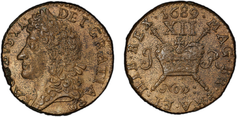 IRELAND: James II, 1685-1691, AE shilling, November 1689, KM-94, S-6581E, 'Gun M...