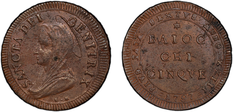 PAPAL STATES: Pius VI, 1775-1799, AE 5 baiocchi, 1797 year XXIII, KM-1245, an at...