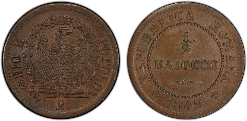 ROMAN REPUBLIC: AE ½ baiocco, 1849-R, KM-21, a wonderful lustrous mint state exa...