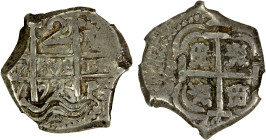 BOLIVIA: Felipe V, 1700-1746, AR cob 2 reales (6.68g) (1)724-P, KM-29, assayer Y, 2 mintmarks, 2 assayers, 1 date, "hexagonal" flan, fairly well struc...