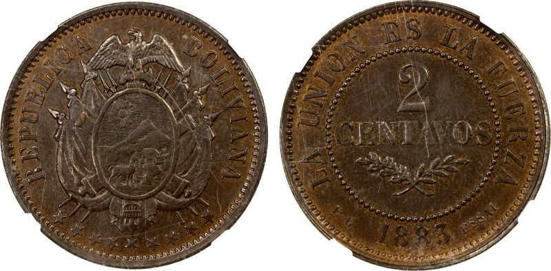 BOLIVIA: Republic, AE 2 centavos, 1883, KM-E4, inscribed ESSAI on reverse, an at...