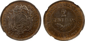 BOLIVIA: Republic, AE 2 centavos, 1883, KM-E4, inscribed ESSAI on reverse, an attractive mint state example, NGC graded MS61 BN.
Estimate: USD 150 - ...