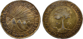CENTRAL AMERICAN REPUBLIC: AR 8 reales, 1840-NG, KM-4, radiant sunface behind row of five volcanoes, VF to EF.
Estimate: USD 125 - 175
