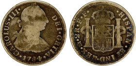 MEXICO: Carlos III, 1759-1788, AR 2 reales, 1784-Mo, KM-88.2, assayer FF, deeply toned, with dramatic legend error "GRTIA", Good, RR.
Estimate: USD 1...