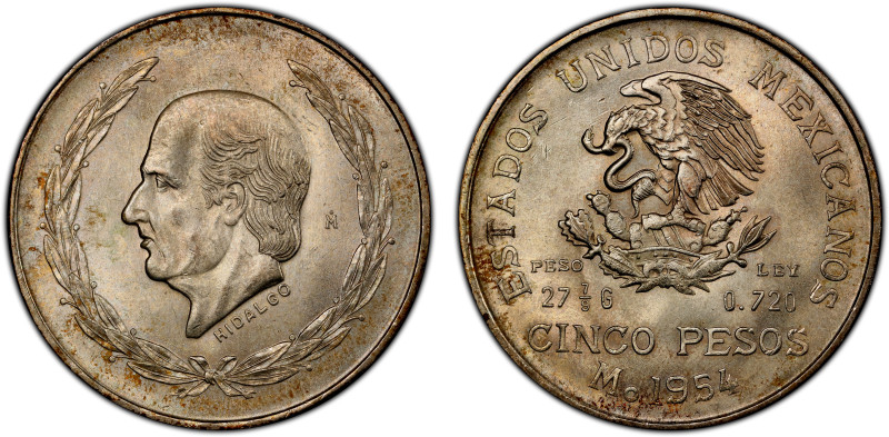 MEXICO: Estados Unidos, AR 5 pesos, 1954-Mo, KM-467, Hidalgo bust left, key date...