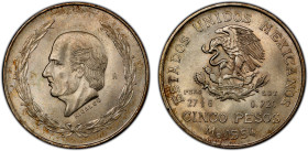 MEXICO: Estados Unidos, AR 5 pesos, 1954-Mo, KM-467, Hidalgo bust left, key date, NGC graded MS65.
Estimate: USD 175 - 250