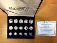 MEXICO: 15-coin silver set, 1986, Mexico City World Cup Silver Proof & Mint Set; 25 Pesos KM-497 (UNC), 497a, 503, 514, and 519; 50 Pesos KM-498 (UNC)...