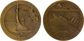 UNITED STATES:, AE medal (72.87g), 1918, Unc, 54mm bronze medal on the Sinking of the Lusitania by R. Baudichon, partial figure of the Statue of Liber...