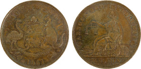 AUSTRALIA: AE penny token (11.82g), 1861, KM-Tn262, Warnock Bros., Melbourne and Maldon, Victoria, brown with hints of red, About Unc.
Estimate: USD ...