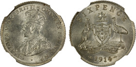 AUSTRALIA: George V, 1910-1936, AR sixpence, 1914, KM-25, better date, blast white luster, NGC graded MS62.
Estimate: USD 175 - 225