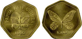 PAPUA NEW GUINEA: AV 100 kina, 1990, KM-29, Queen Alexandra butterfly (world's largest species), mintage of only 500 pieces, Choice Unc, R.
Estimate:...