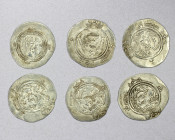 ARAB-SASANIAN: 'Abd Allah b. al-Zubayr, 680-692, LOT of 6 silver drachms, type A-16: DA (Darabjird) Mint, dated YE53 (1 pc) and YE57 (3); DA+P (Fasa) ...
