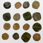ARAB-SASANIAN: LOT of 16 copper pashiz, includes Gyselen-2 (Checklist type A-41), G-3 (A-N42), G-58 (also A-N42), G-66 (A-M1), G-79 (A-C37), and two u...