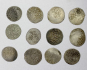 SAFAVID: Isma'il I, 1501-1524, LOT of 12 half shahi coins, type A-2577: Abivard ND (2 pcs); Astarabad 917 and ND (2 pcs); Balkh ND; Herat 916 (rare de...