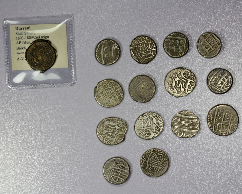 DURRANI & BARAKZAI: LOT of 15 coins, incl. 14 silver rupees, Shah Zaman (2): Her...