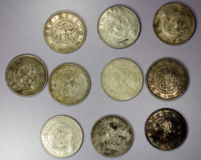 CHINA: LOT of 10 coins, including silver yen Meiji year 19 (1886) x 2, year 20 (...