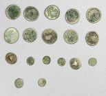 CAMBODIA: Ang Duong, 1840-1860, LOT of 18 coins, including ten 2 pe (KM-7, hamza bird), two 1 pe (KM-4, cocoa bean), and six fractional pe (KM-3, lotu...