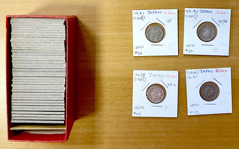 JAPAN: LOT of 45 silver coins, including 10 sen 1904, 1905, 1907, 1908 (3 pcs), ...