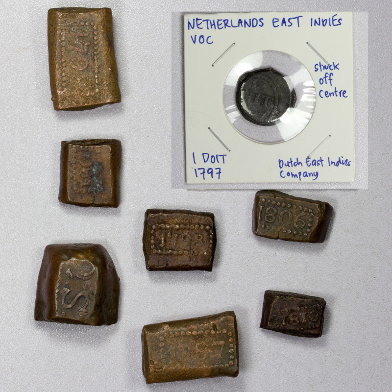 NETHERLANDS EAST INDIES: LOT of 7 copper bonks & 1 tin duit, including Dutch Eas...