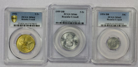 BELGIAN CONGO: SET of 3 coins, Ruanda-Urundi series with engravers initials D.B., including 50 centimes 1954 KM-2 PCGS graded MS-65, 5 francs 1959 KM-...