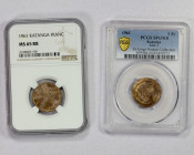 KATANGA: Republic, LOT of 2 coins, 1961, KM-1, includes 1 franc standard issue NGC graded MS-65 RB and King's Norton Specimen strike PCGS graded SP-65...