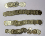 UNITED STATES: LOT of 137 silver dimes, including Barber dimes (48 pcs), 1949-S (41), 1955-S (14), and 90% silver (34, mostly Mercurys); average circu...