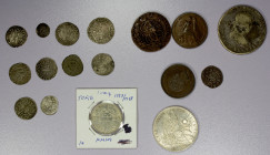 WORLDWIDE: LOT of 17 coins, including Denmark: 1842 rigsbankskilling; German States: 10 medieval AR coins, including Stralsund, Hamburg, Rostock, etc....
