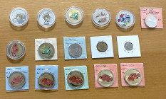 WORLDWIDE: LOT of 16 coins, including Fish coins from Congo Democratic Republic (8 pcs), Cuba (3), Cyprus (1), Danzig (1), and Fiji (3); some with hol...