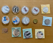 WORLDWIDE: LOT of 14 coins, including Fish, Seahorse, and Octopus coins from Aruba (2 pcs), Australia (2), Barbados (1), Belarus (5), British Virgin I...