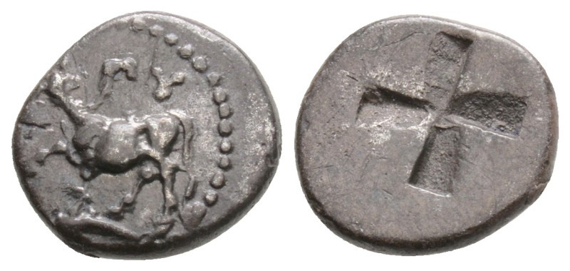 THRACE. Byzantion. 1/4 Siglos or Trihemiobol (Circa 340-320 BC).
Obv: Heifer sta...