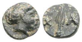 LESBOS. Chalke. Ae (4th century BC).
Obv: Head of Artemis right, wearing stephane. Rev: X - A. Spearhead.SNG von Aulock 8736-7; BMC 1-4; HGC 6, 1282.
...