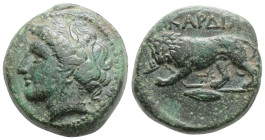 THRACE. Kardia. Ae (Circa 350-309 BC).
Obv: Wreathed head of Persephone left, wearing earring and necklace.
Rev: KAPΔIA. Lion standing left, breakin...