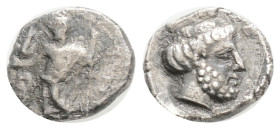 CILICIA, Tarsos. Tiribazos, satrap of Lydia, (Circa 388-380 BC)
AR Obol (9.5 mm, 0.71 g.)
Baaltars standing front, head to left, holding eagle in his ...