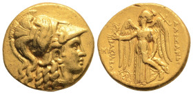 KINGS OF MACEDON. Alexander III 'the Great' (336-323 BC). GOLD Stater. Babylon.
Obv: Head of Athena right, wearing necklace and crested corinthian hel...