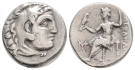 KINGS OF MACEDON. Alexander III 'the Great' (336-323 BC). Drachm. Miletos.
Obv: Head of Herakles right, wearing lion skin.
Rev: AΛEΞANΔPOY. Zeus seate...