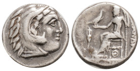 KINGS OF MACEDON. Alexander III 'the Great' (336-323 BC). Drachm. Lampsakos.
Obv: Head of Herakles right, wearing lion skin.
Rev: AΛEΞANΔPOY. Zeus sea...