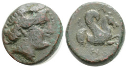 MYSIA. Lampsakos. Ae (4th-3rd centuries BC).
Obv: Laureate head of Zeus right.
Rev: ΛΑ.
Forepart of pegasos right; below, trident right.
SNG von Auloc...
