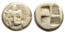 MYSIA. Kyzikos. (Circa 550-450 BC). EL Hekte
Obv: Nike advancing left, head right, wings spread, holding in right hand a tunny by the tail
Rev: Quadri...