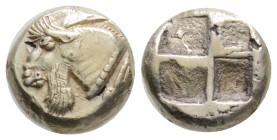IONIA, Phokaia. (Circa 477-388 BC )
EL Fourre hekte (10mm 2.15g)
Obv: Head of a goat left; seal (fokh) right.
Rev: Quadripartite incuse square. Bodens...