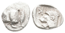 MYSIA. Kyzikos. Obol (Circa 450-400 BC).
Obv: Forepart of boar left; tunny to right.
Rev: Head of roaring lion left; retrograde K in upper left field....