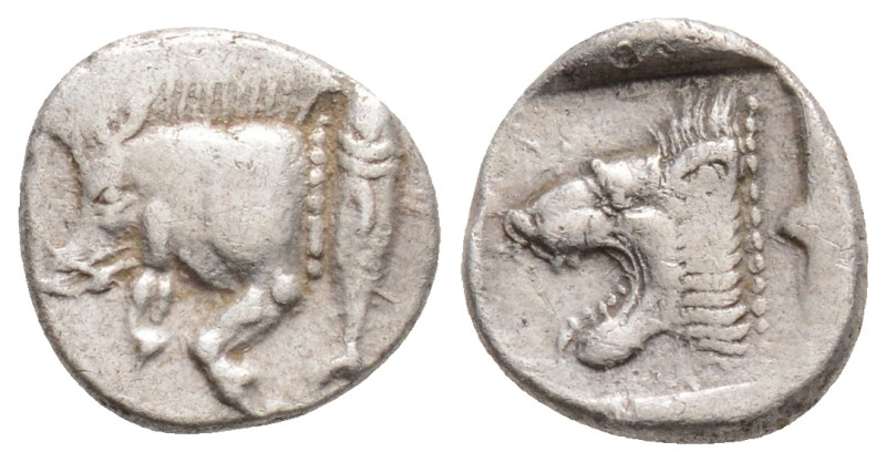MYSIA. Kyzikos. Obol (Circa 450-400 BC).
Obv: Forepart of boar left; tunny to r...