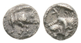 MYSIA. Kyzikos. Hemiobol (450-400 BC).
Obv: Forepart of boar right, tunny behind.
Rev: Head of lion left; retrograde K to upper left; all within incus...