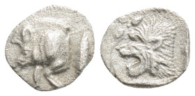 MYSIA. Kyzikos. Hemiobol (Circa 450-400 BC).
Obv: Forepart of boar left; to right, tunny upward.
Rev: Head of roaring lion left; star to upper left; a...